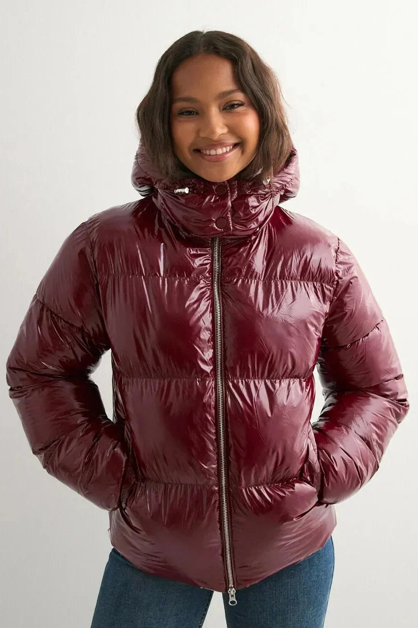 Aurora Puffer, glossy burgundy puffer jacket, photo 1 #COLOR_2
