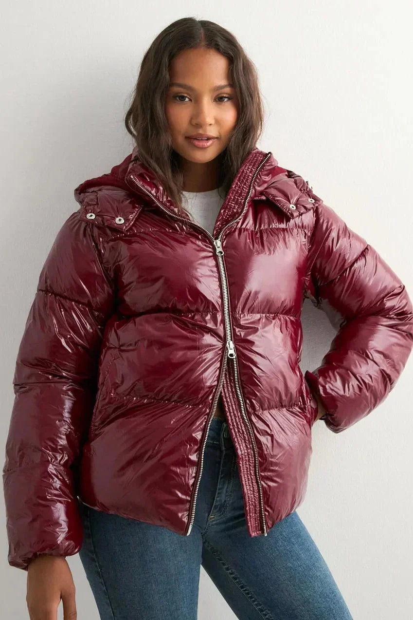 Aurora Puffer, glossy burgundy puffer jacket, photo 2 #COLOR_2