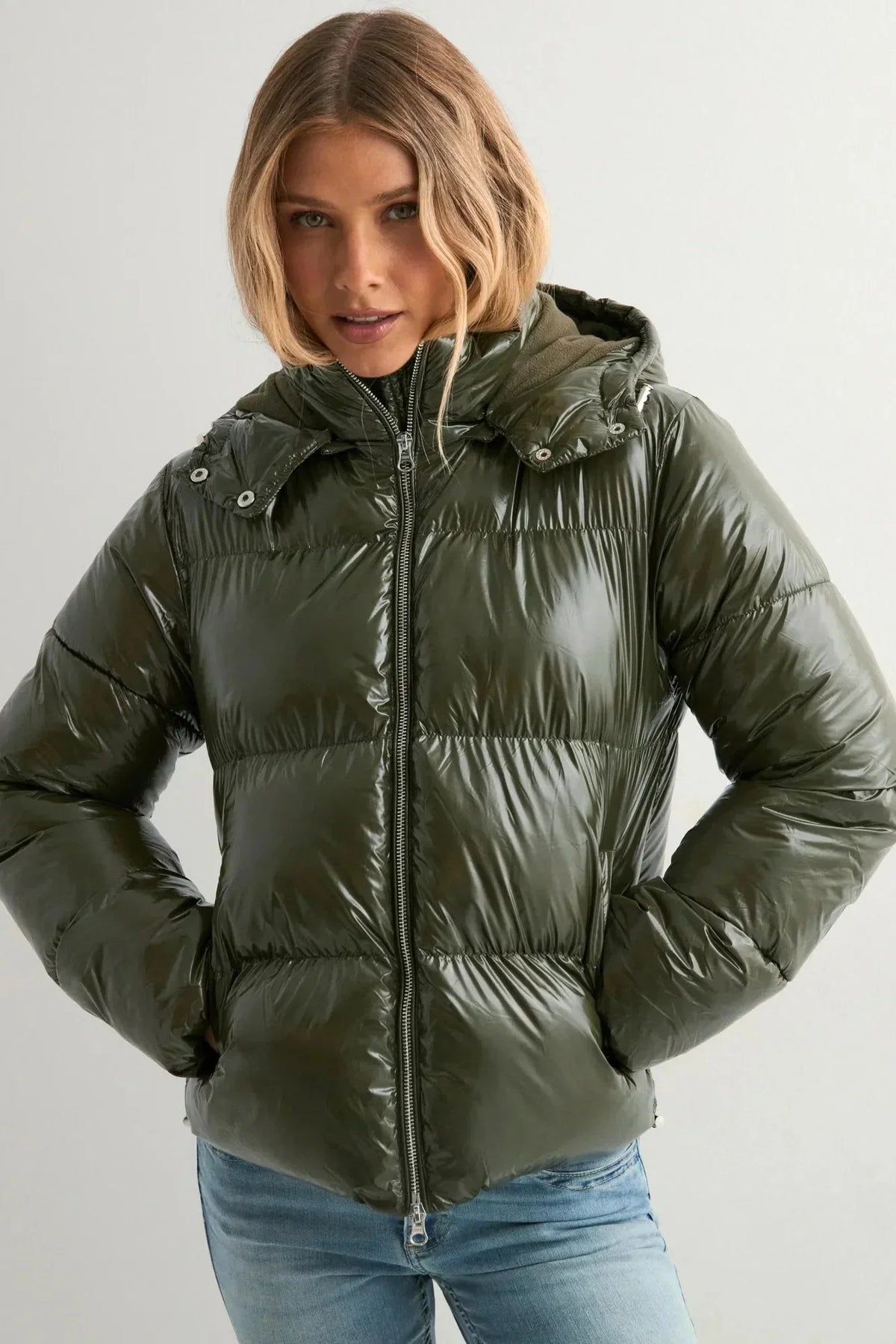 Aurora Puffer, glossy khaki puffer jacket, photo 1 #COLOR_3